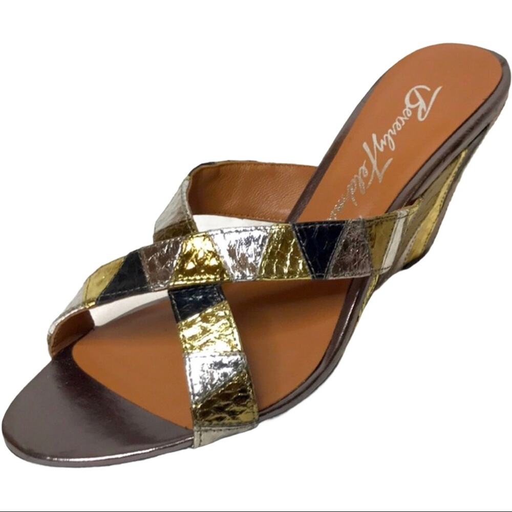 Beverly Feldman Metallic Gold Silver Wedge Peep Toe Sandals Shoes 7M